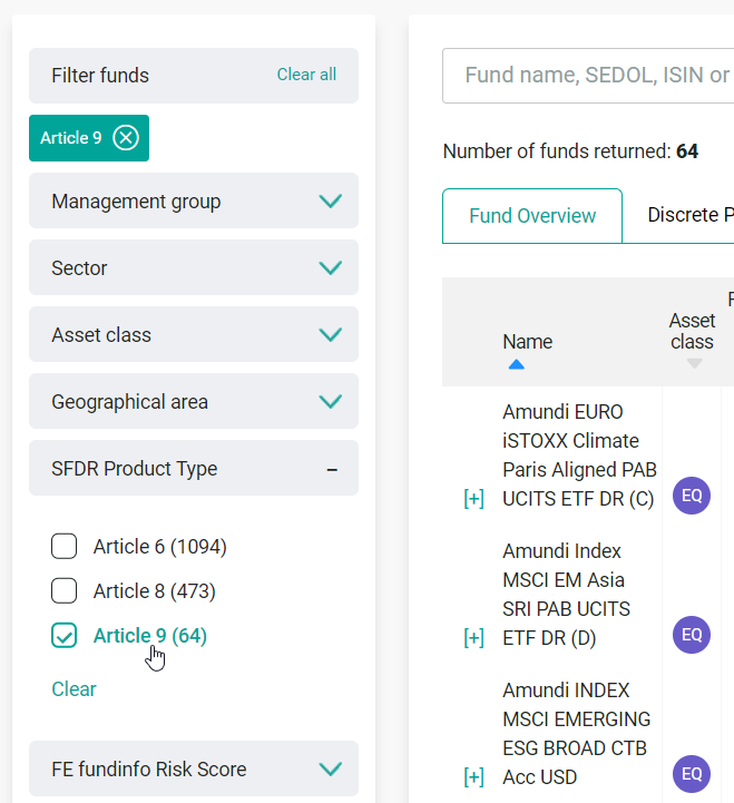Filters as they appear on Price and Performance Table down the left hand side including the new SFDR Product Type dropdown.